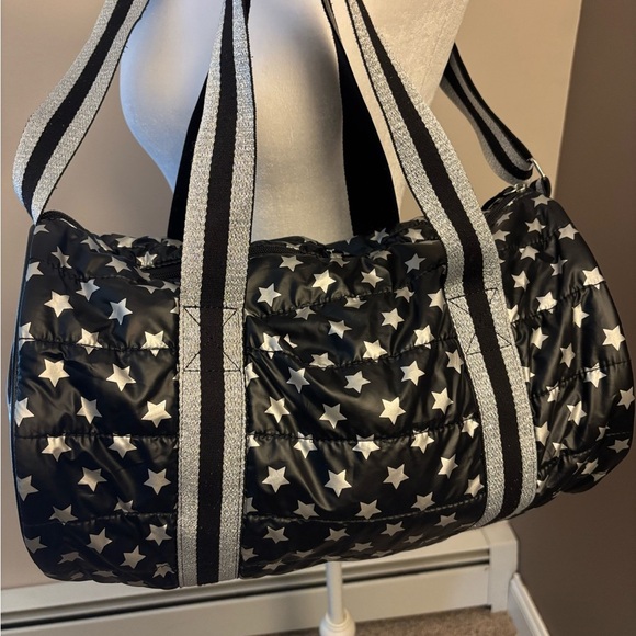 Black Quilted Star Print Duffel Bag | Weekender • Gym Bag • Travel Carry-On - Picture 4 of 4